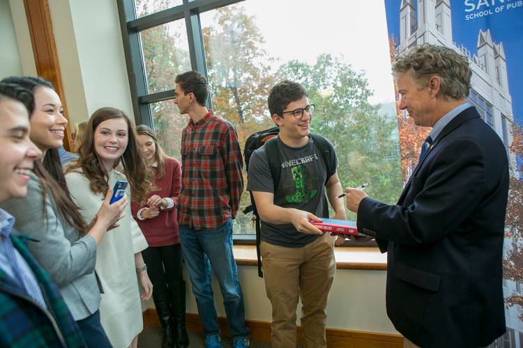 An enthusiastic group of students met with Sen. Paul after the talk. Photo by Jared Lazarus