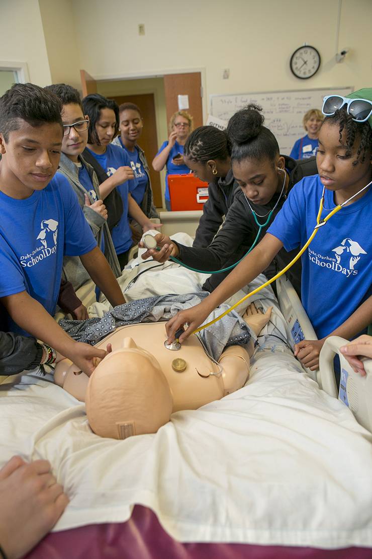 Durham Public School Students visit the Duke Human Simulation and Patient Safety Center in the Trent Semans Center on Friday. Photo by Jared Lazarus.
