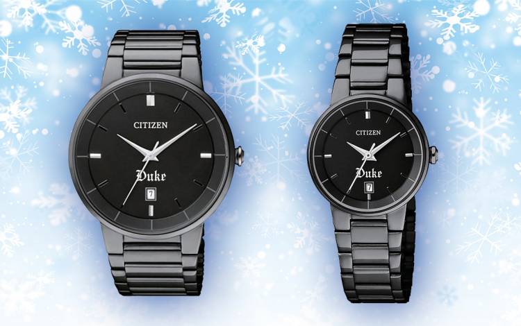 Duke Quartz Black Ion-Plated Watch by Citizen for men (left) and women (right).