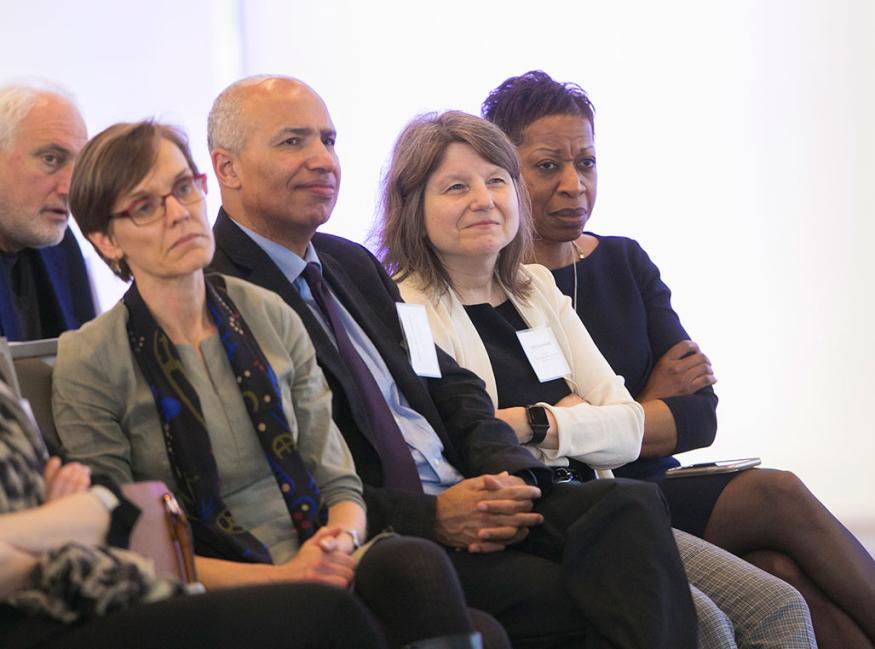 At the Provost Forum in 2018, Kornbluth listens to speakers along with Deans Judith Kelley and Valerie Ashby and Vice Provost Abbas Benmamoun.