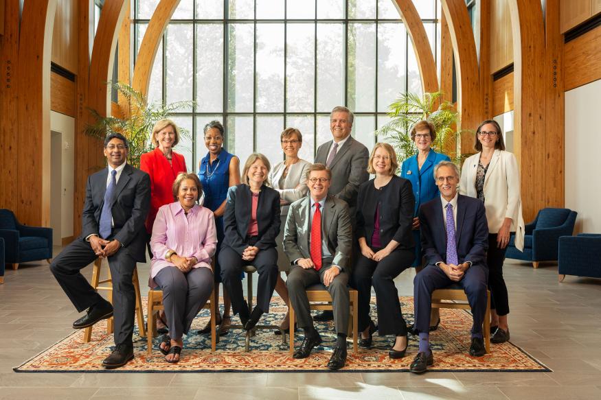 Provost Sally Kornbluth and President Vincent Price sit with the Deans Cabinet in 2019. Kornbluth is widely recognized for building strong, diverse leadership teams.