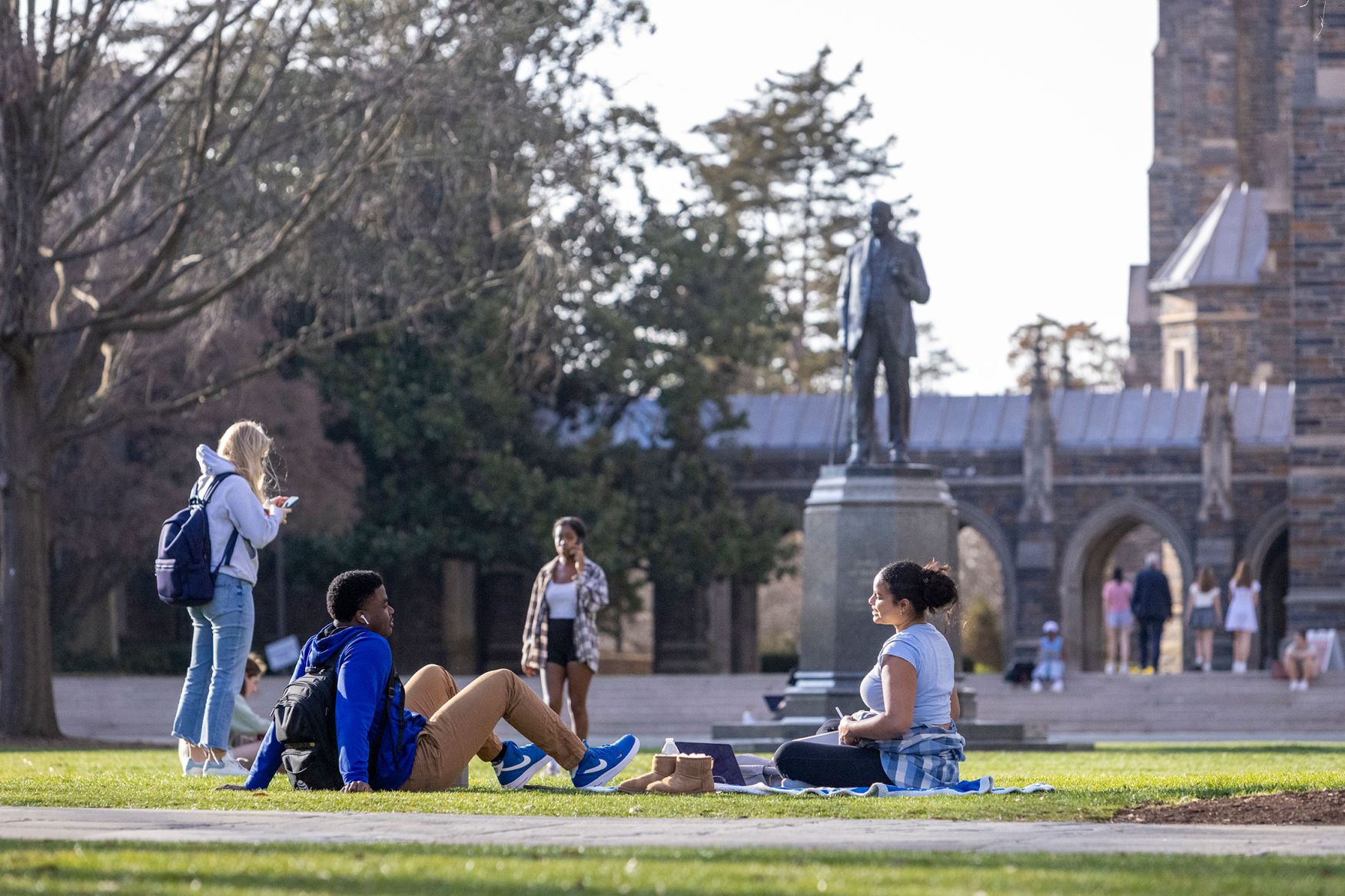 Students socialize and study during a beautiful February afternoon on Duke’s Abele Quad.