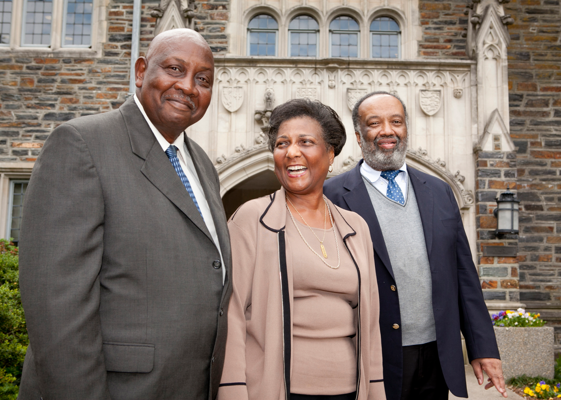 Nathaniel White, right, joined Gene Kendall and Wilhelmina Reuben-Cooke at a celebration of the 50th anniversary of their arrival at Duke.