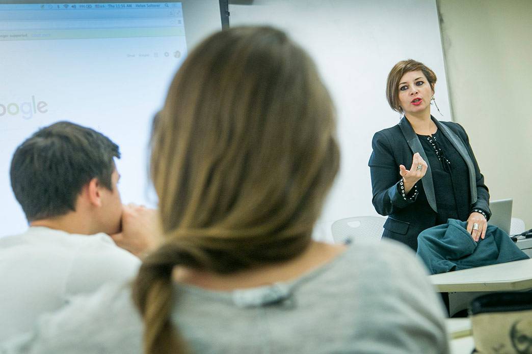 Amna Guellali discusses free speech with a Duke class. Photo by Megan Mendenhall/Duke Photography