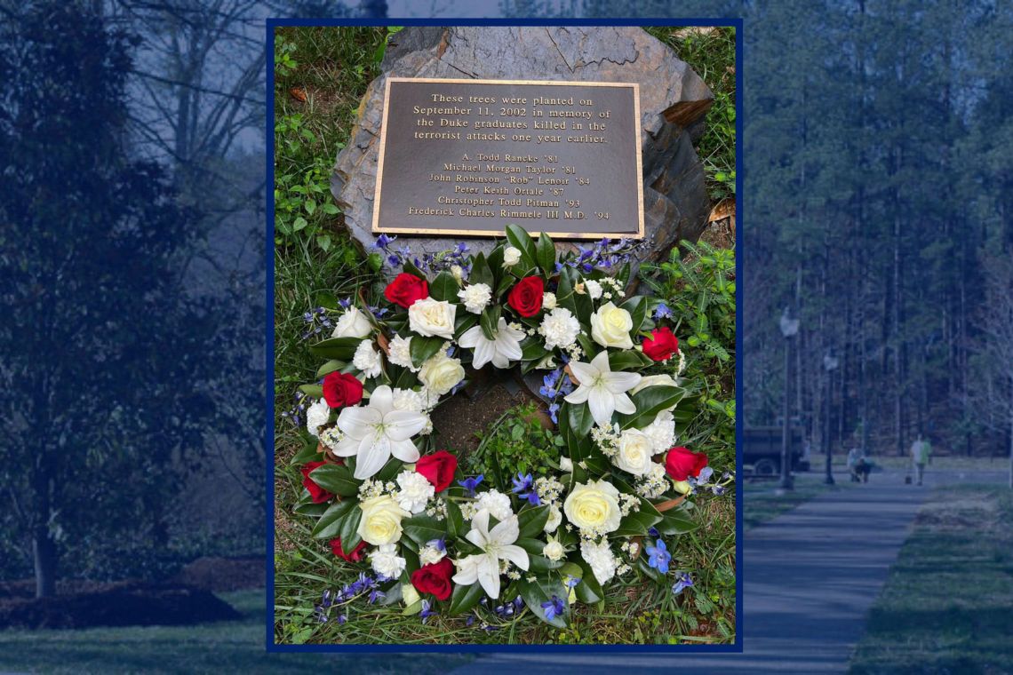 picture of wreath laid at the 911 memorial on Duke's West Campus near Keohane Quad.