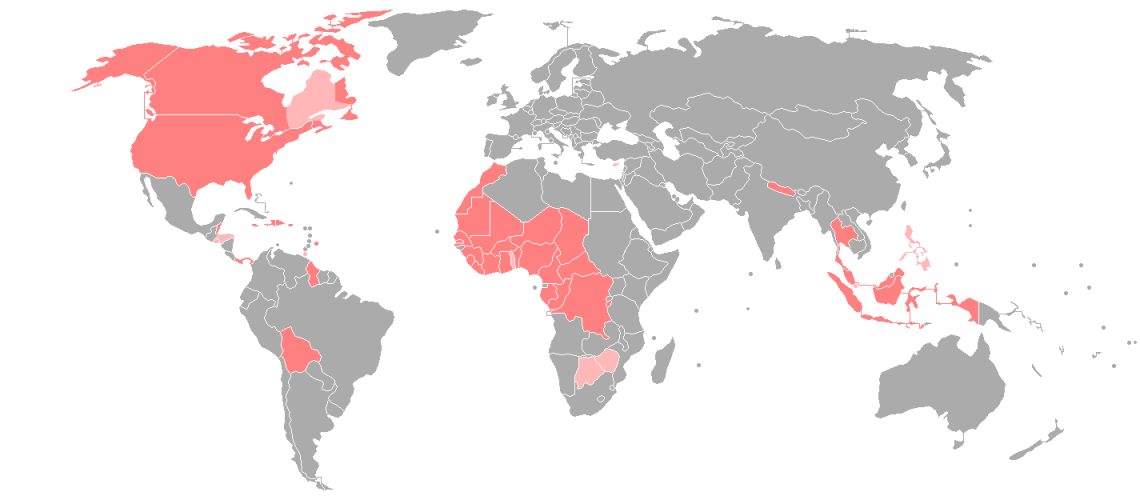 A world map showing where American Sign Language is the primary language for the deaf.