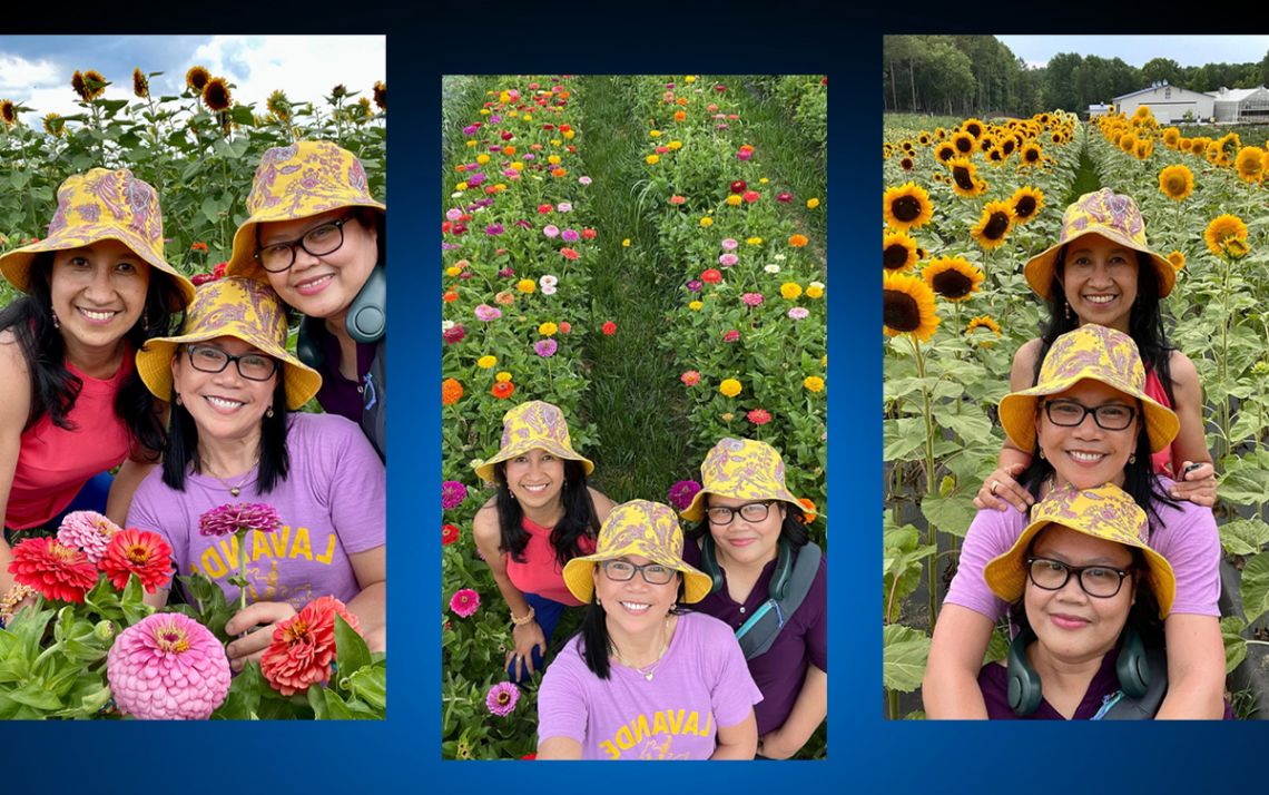 April Ferido, in red shirt, Ethel Manahan, in lavender shirt, and Cecilia Reyes, in purple shirt, enjoy the sunflowers at Eno River Farm. Photos courtesy of April Ferido, Ethel Manahan and Cecilia Reyes.