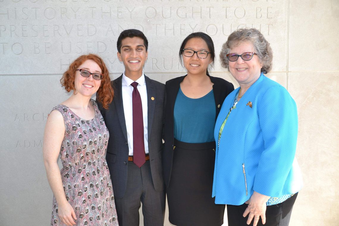 Truman Scholars Kushal Kadakia and Claire Wang with Babs Wise (right) and Bevin Tighe of OUSF. Both Wang and Kadakia later also won Rhodes Scholarships.