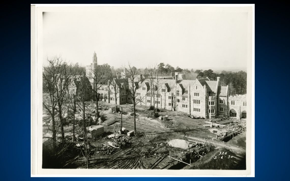 This photo from 1931 shows West Campus under construction. Photo courtesy of Duke University Archives.