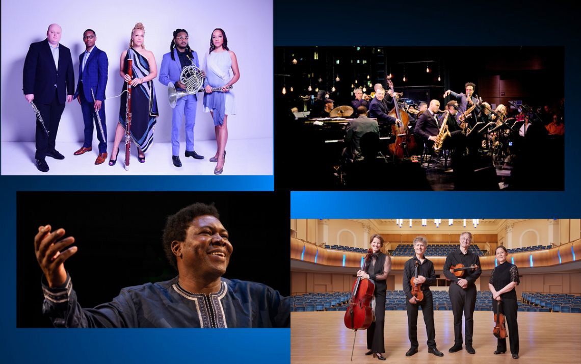 Duke faculty and staff receive a 15 percent discount on all Duke Performances shows, including clockwise from left: Imani Winds, Mingus Big Band, Ciompi Quartet and Traces: Address to African Nations. 