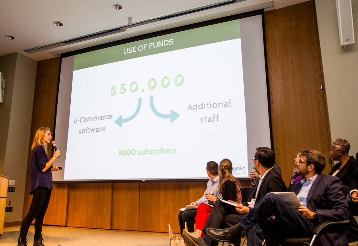 Courtney Bell pitches her idea for Ungraded Produce to the judges in the 2017 Duke Startup Challenge. Photo by Pilar Timpane/Duke I&E