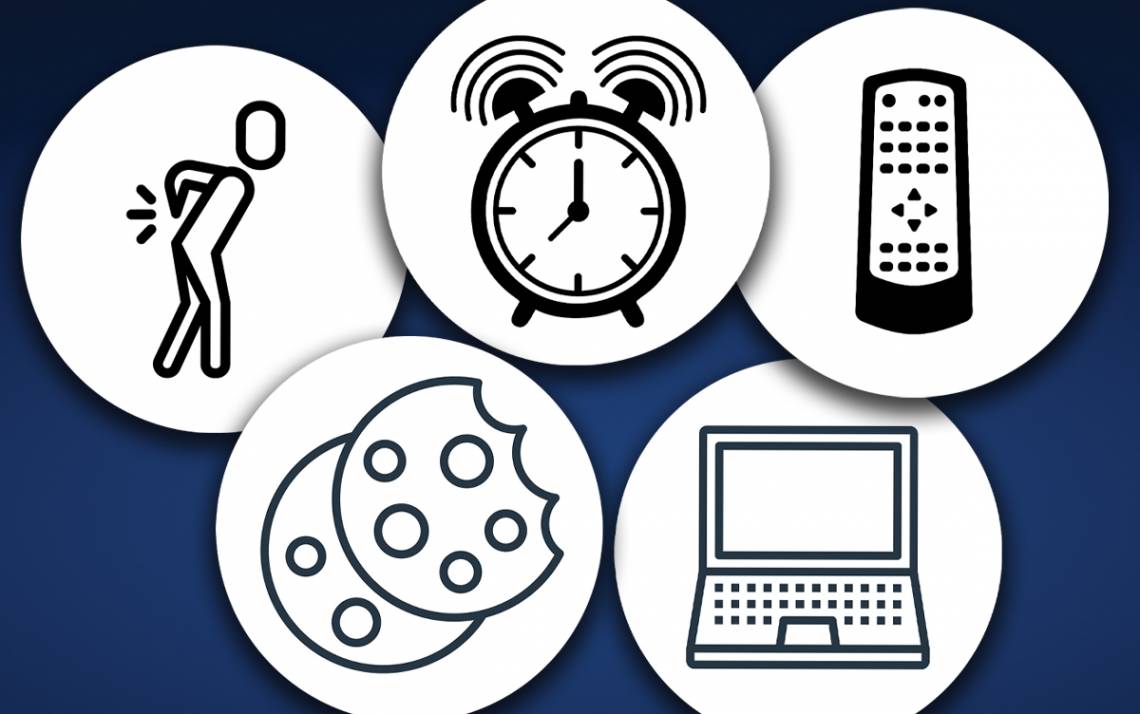 A graphic showing a person with back pain, an alarm clock, a remote control, a laptop and cookies.