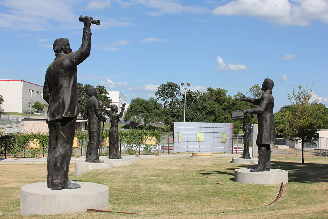 The Juneteenth Memorial Sculpture Monument at the George Washington Carver Museum in Texas. Photo by Jennifer Rangubphai Courtesy Creative Commons.
