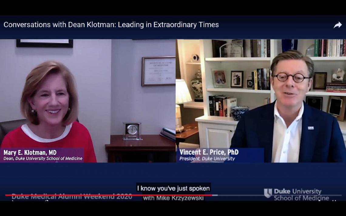 Duke University School of Medicine Dean Mary Klotman, left, and Duke University President Vincent Price take part in a virtual discussion during the 2020 Duke Medical Alumni Weekend. Image courtesy of Duke Health Development and Alumni Affairs.