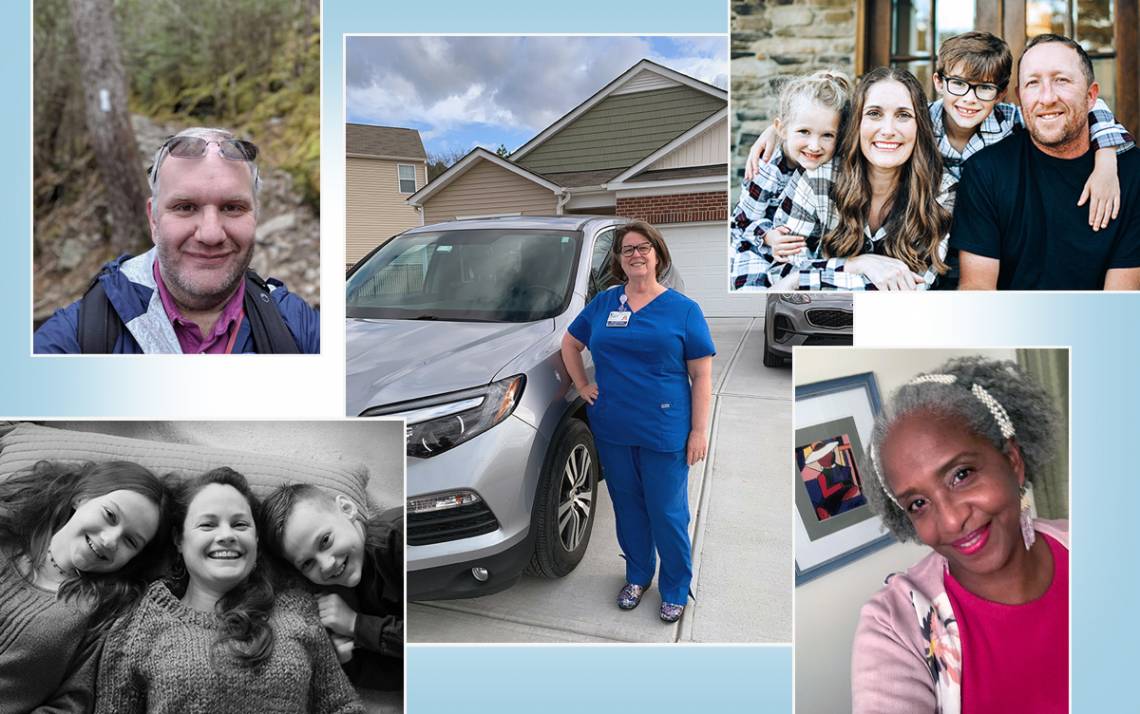 Clockwise from top left: John Owens, Lori Levy, EmilyJames and her family, Emily Jackson and Kate Davies and her family have all found ways to save money during the pandemic. Submitted photos.