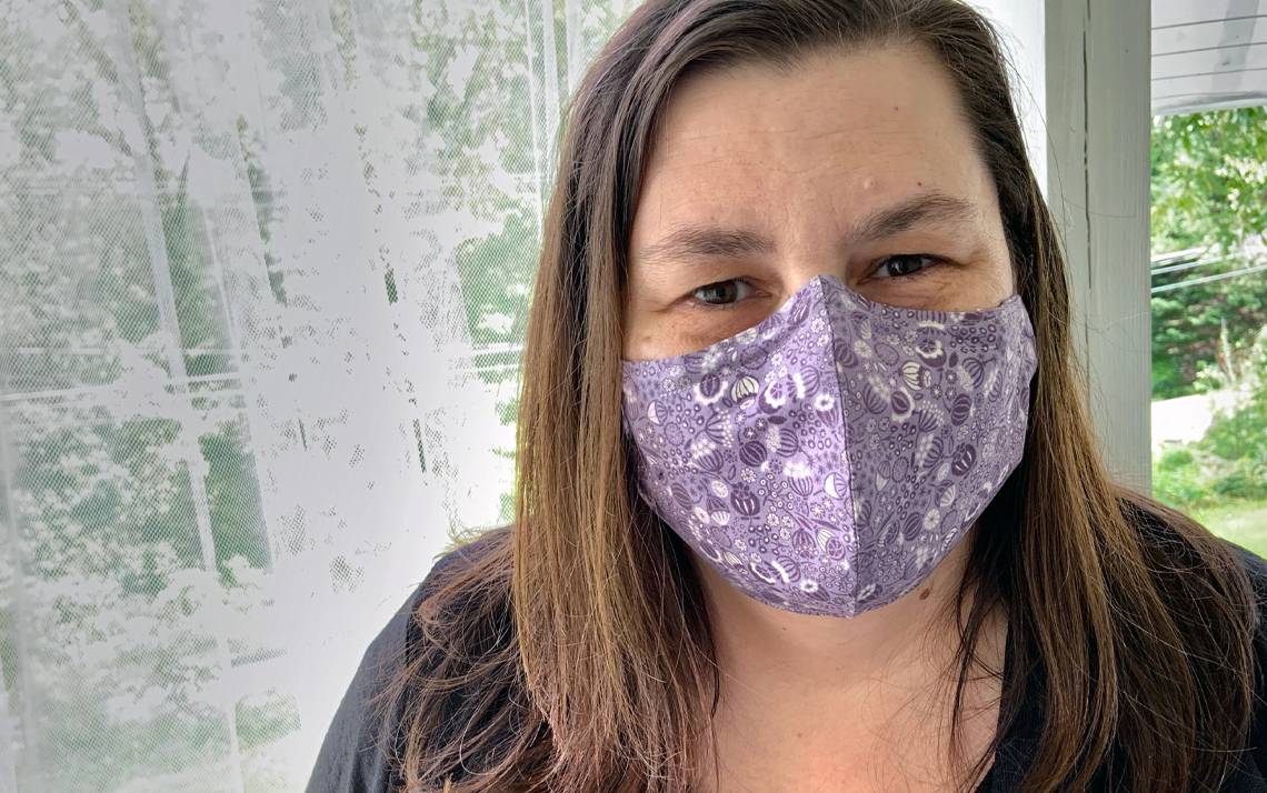 Rebecca Doll, clinical services coordinator for Duke Audiology, wears a mask she sewed. Photo courtesy of Rebecca Doll.