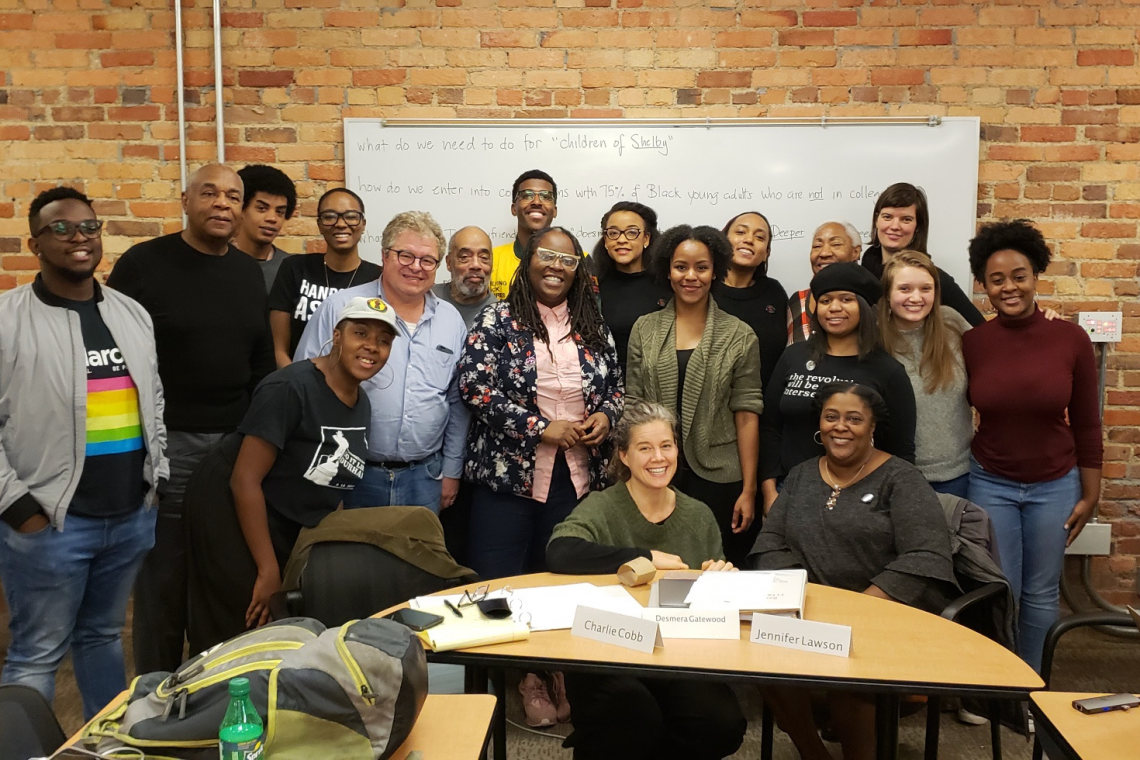 Wesley Hogan, center front, with partners from the SNCC Legacy Project, Movement for Black Lives organizers, Duke Libraries, Free Southern Media Collective and Center for Documentary Studies in December 2018.