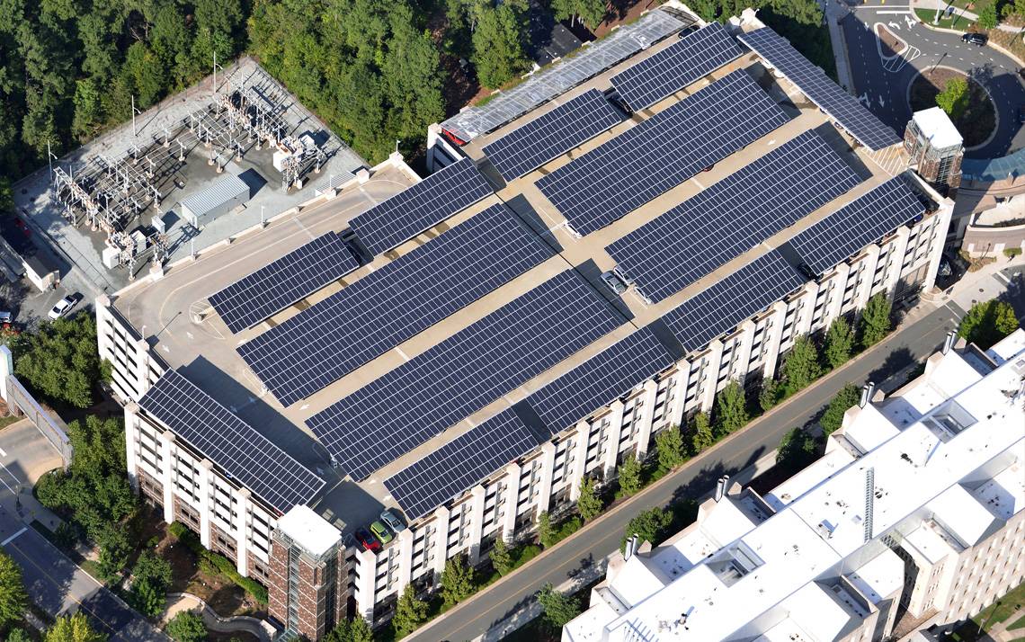The solar energy system atop the Research Drive Parking Garage is the largest such project  on Duke’s campus.