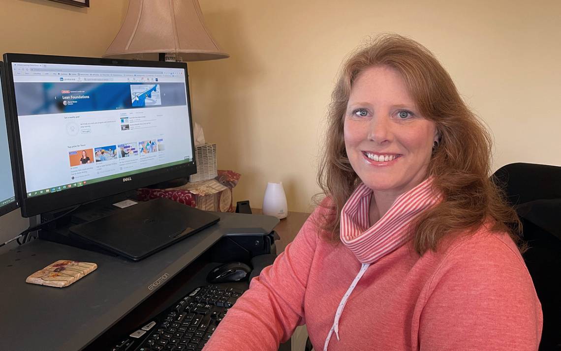 Tecca Wright takes a LinkedIn Learning course on operations management approaches in her home office. Photo courtesy of Tecca Wright.