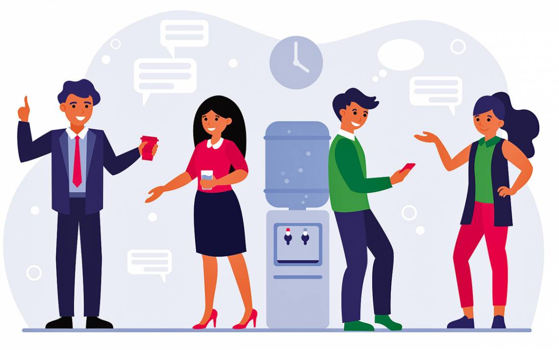 A graphic of people around a water cooler.