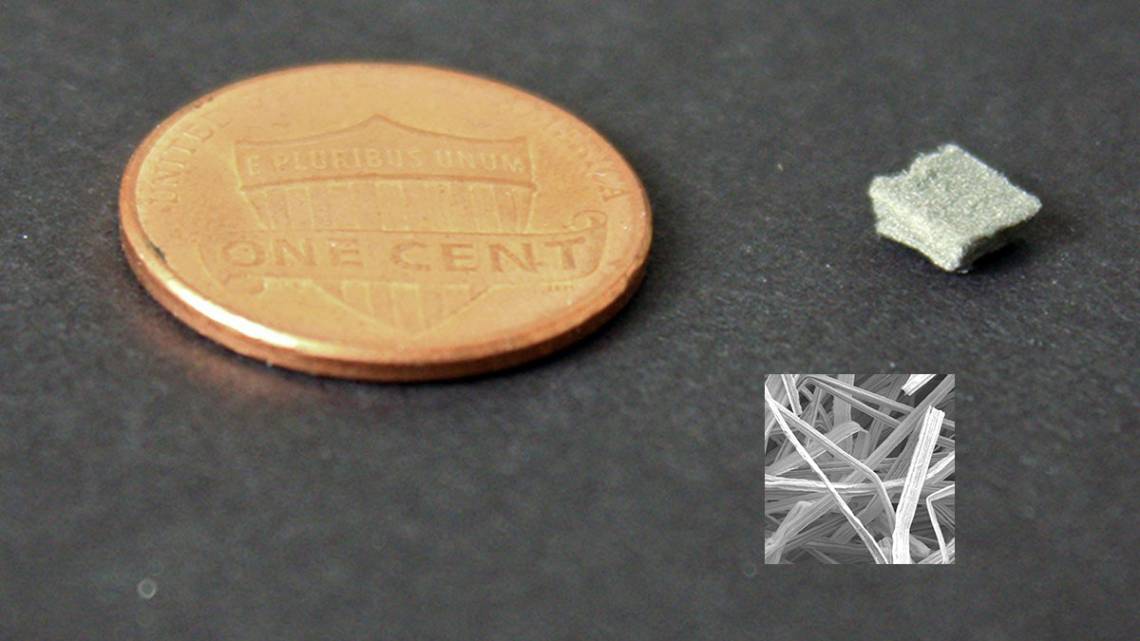 An example of the small, flow-through electrode that Duke researchers used to produce more hydrogen from electrolysis with a penny for scale.  Inset: Electron microscope view of the felt. (Wiley Lab, Duke University)