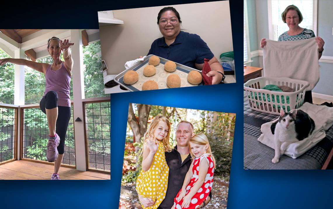 Clockwise from left: Kim Travlos fits in exercise, Lyn Francisco holds bread she baked, Deborah Pierce knocks out chores and Todd Maberry enjoys family time.