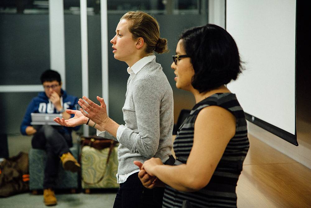 Rosie McKinley and Katie Hasnain of Duke Law’s Start-Up Ventures Clinic give advice at the Duke I&E Academy. Photo by Pilar Timpane 