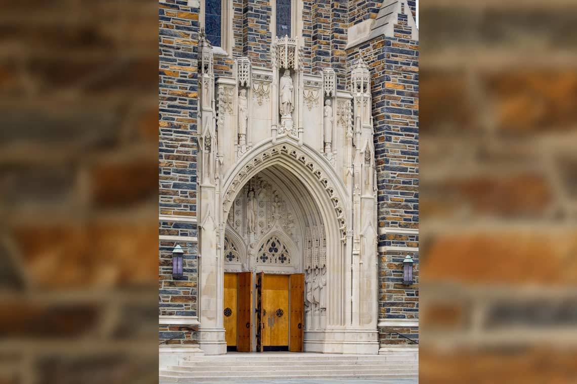 A series of small statues are part of the entrance to Duke Chapel. Photo by Bill Snead/Duke Photography