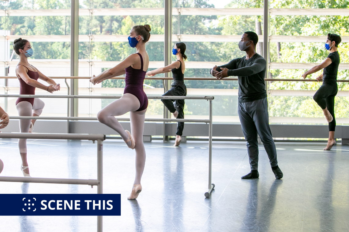 Iyun Ashani Harrison teaches intermediate ballet in the Cube of the Rubenstein Arts Center on the first day of classes. Photo: Jared Lazarus