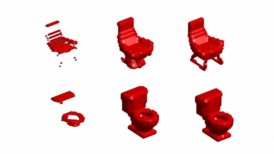 When fed 3-D models of household items in bird's-eye view (left), a new algorithm is able to guess what the objects are, and what their overall 3-D shapes should be. This image shows the guess in the center, and the actual 3-D model on the right.