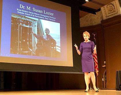 Susan Lozier speaks on ocean current research at the Smithsonian's Museum of Natural History Wednesday.