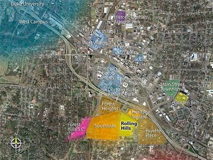 Duke is partnering with the city of Durham to create affordable housing for Duke employees to revitalize the Southside neighborhood (highlighted in orange). Map courtesy of the City of Durham. 