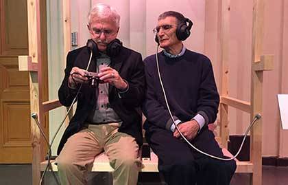 Chemistry Laureates Paul Modrich (left) and Aziz Sancar listen to a musical interpretation of the Chemistry Prize - a melody determined by DNA's four nitrogen bases, A, G, C and T - at the exhibition Nobel Creations at the Nobel Museum in Stockholm. Copy