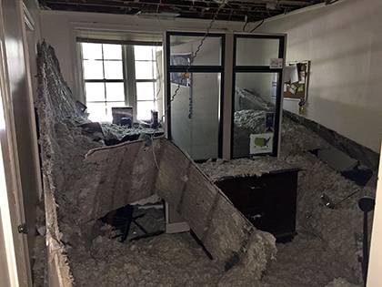 This photo, taken by David Lindquist, assistant vice president for regional engagement with the Duke Alumni Association, shows an office space in the Forlines House impacted by a collapsed ceiling. Some Alumni staff will move to new workspaces as repairs