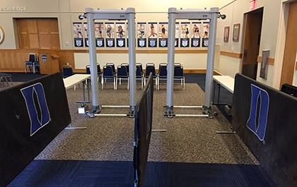 These metal detectors, which were first used for games at Cameron Indoor Stadium this past winter, will also be used at Duke football games beginning this season. It’s one of several steps being taken by Duke Athletics to enhance fan safety. Photo cour