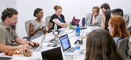 Members of the Duke History Revisited program met twice a week to discuss research methods and individual projects. In all, eight students studied aspects of diversity at Duke. Photo by Mark Zupan.