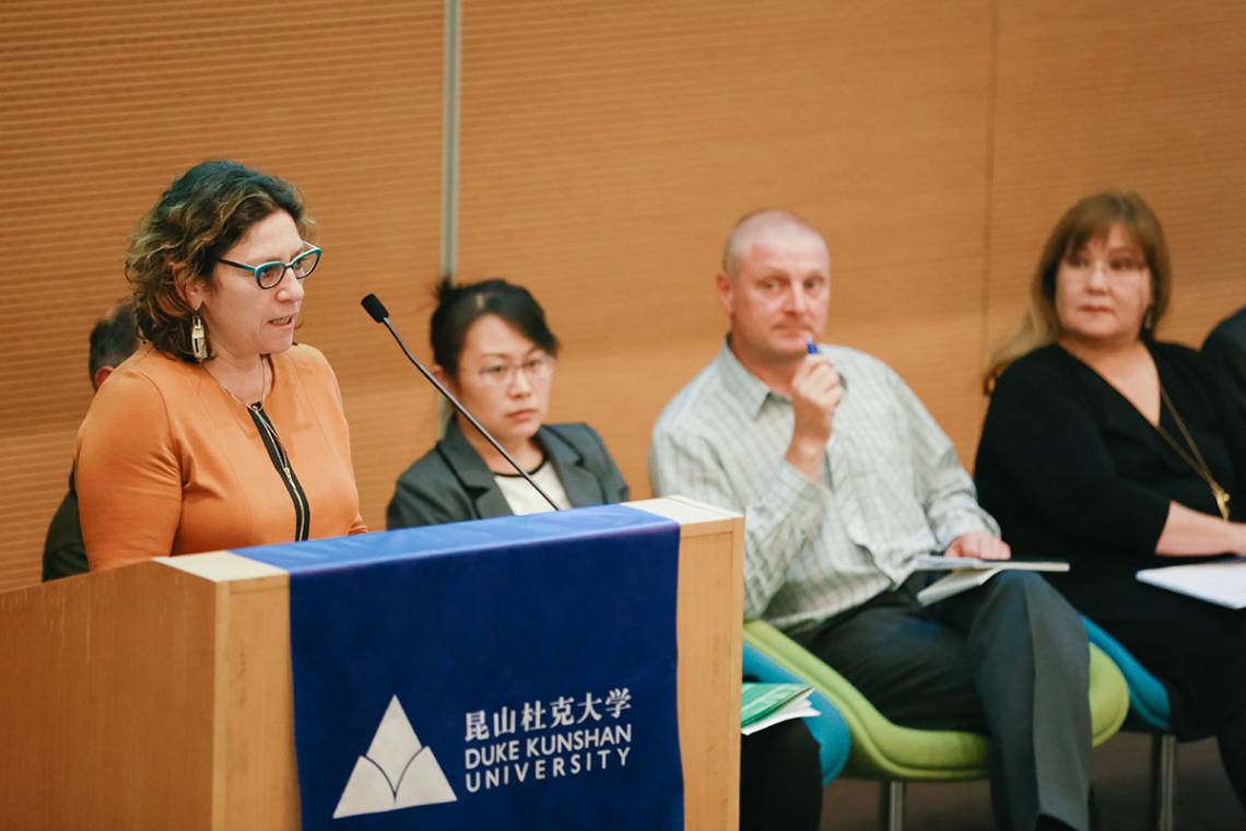 Erika Weinthal opens a panel discussion on environmental policy in China.