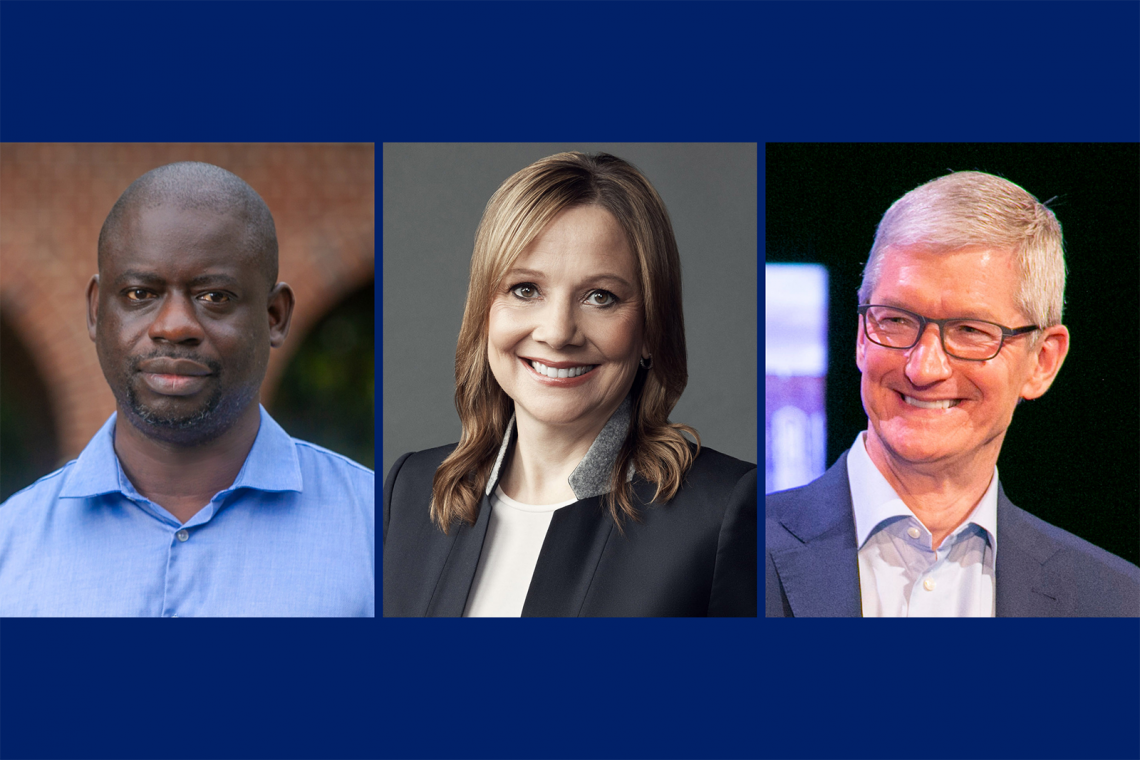 Felwine Sarr, Mary Barra and Tim Cook.