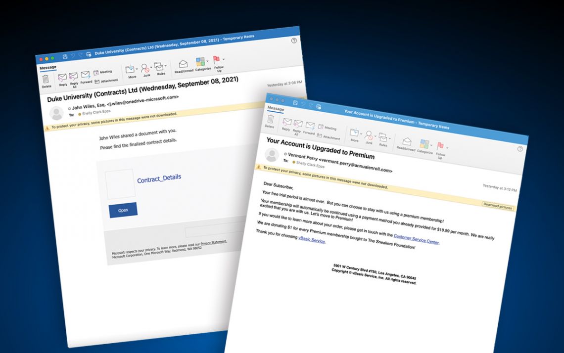 Two fake phishing emails. Images courtesy of Duke ITSO.