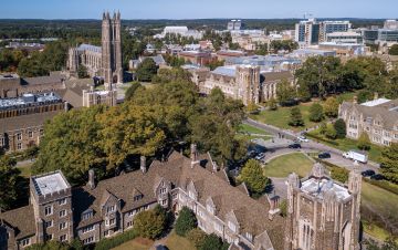 The Duke University and Duke University Hospital campuses from the air. Image courtesy of University Communications.