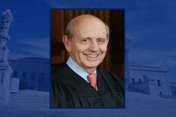 Stephen Breyer official portrait, imposed against background of the court