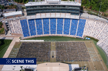 aerial photo of 2021 commencement in Wallace Wade.