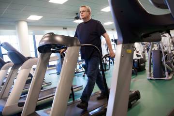 Exercise study participant Lin Whichard works out at Duke Center for Living. Photo by Shawn Rocco/Duke Health News