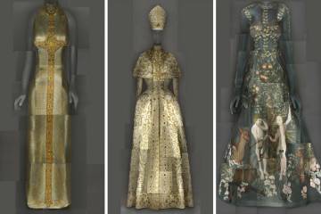 From the Met exhibition: Designs by, from left, Versace, John Galliano for Dior and Valentino.